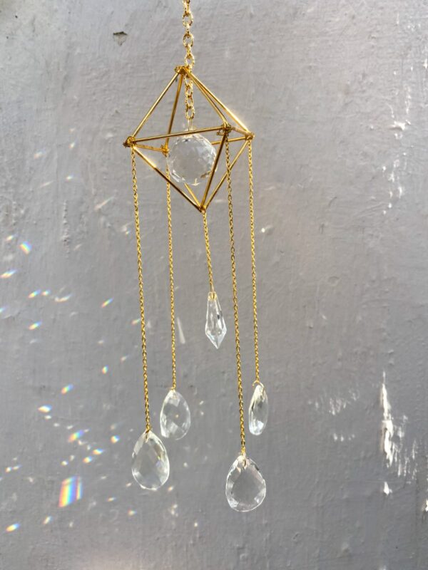 Golden Prism Pyramid Crystal Suncatcher | Window Rainbow Maker | Modern Boho Decor