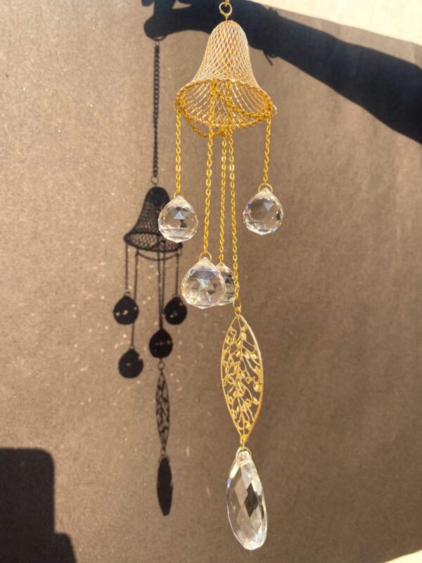 Golden Bell Crystal Suncatcher with Leaf Drop