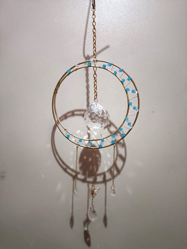 Blue Bead Crystal Suncatcher – Elegant Hanging Décor with Butterfly Charm and Prism for Light and Energy