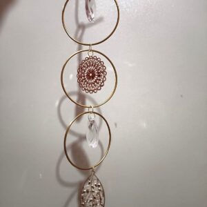 Triple Hoop Crystal Suncatcher with Filigree Leaf Charm – Modern Hanging Light Catcher for Home and Car Décor