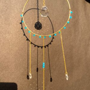 Gold Crystal Suncatcher with Blue Beads – Handmade Hanging Light Catcher for Windows, Balcony, Car or Garden Decor