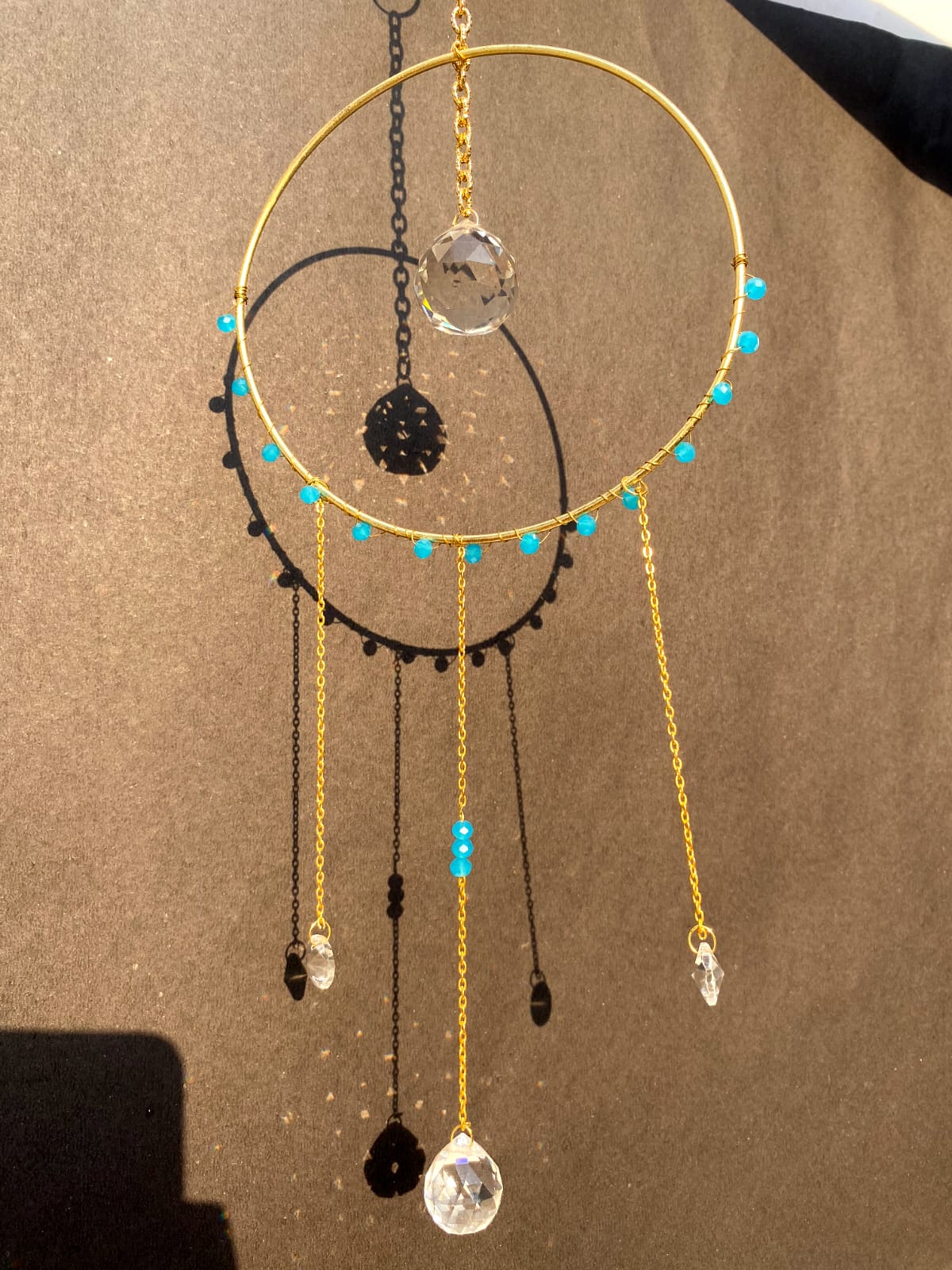 Gold Crystal Suncatcher with Blue Beads – Handmade Hanging Light Catcher for Windows, Balcony, Car or Garden Decor