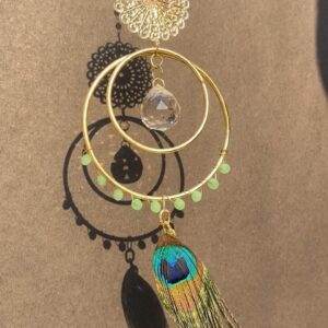 Peacock Feather Crystal Suncatcher – Bohemian Window Hanging with Golden Hoops and Prism for Positive Vibes and Decor
