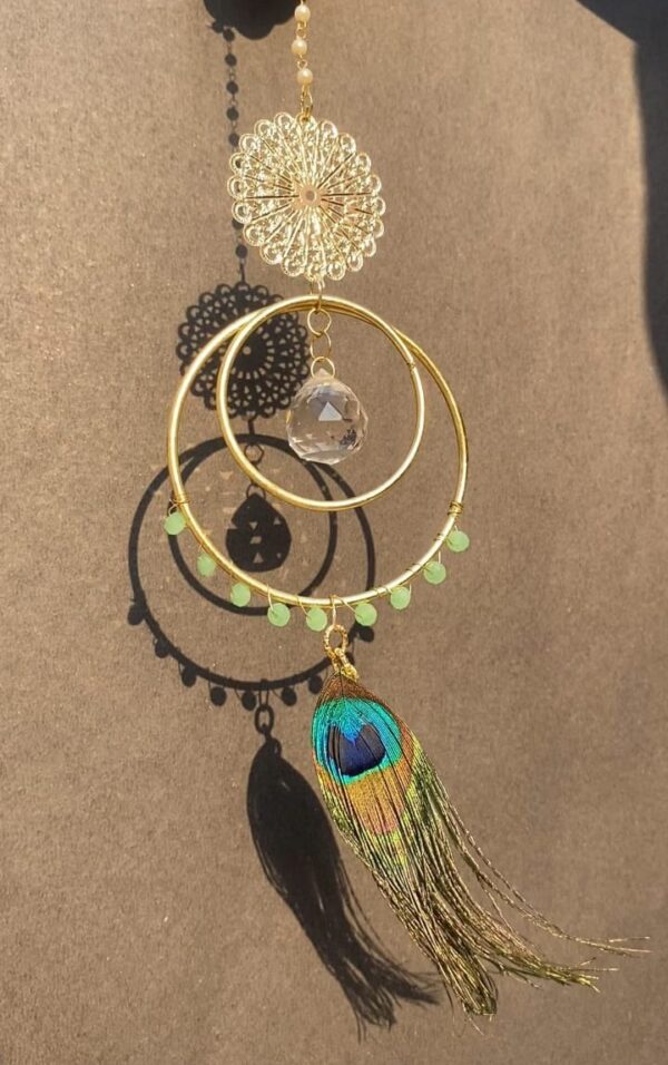 Peacock Feather Crystal Suncatcher – Bohemian Window Hanging with Golden Hoops and Prism for Positive Vibes and Decor